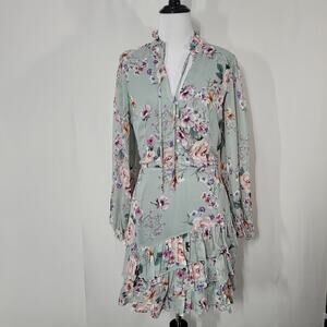 Yumi Kim Silkwood Sage Jenna Mini Dress Blouson Long Sleeves Ruffle Skirt Small